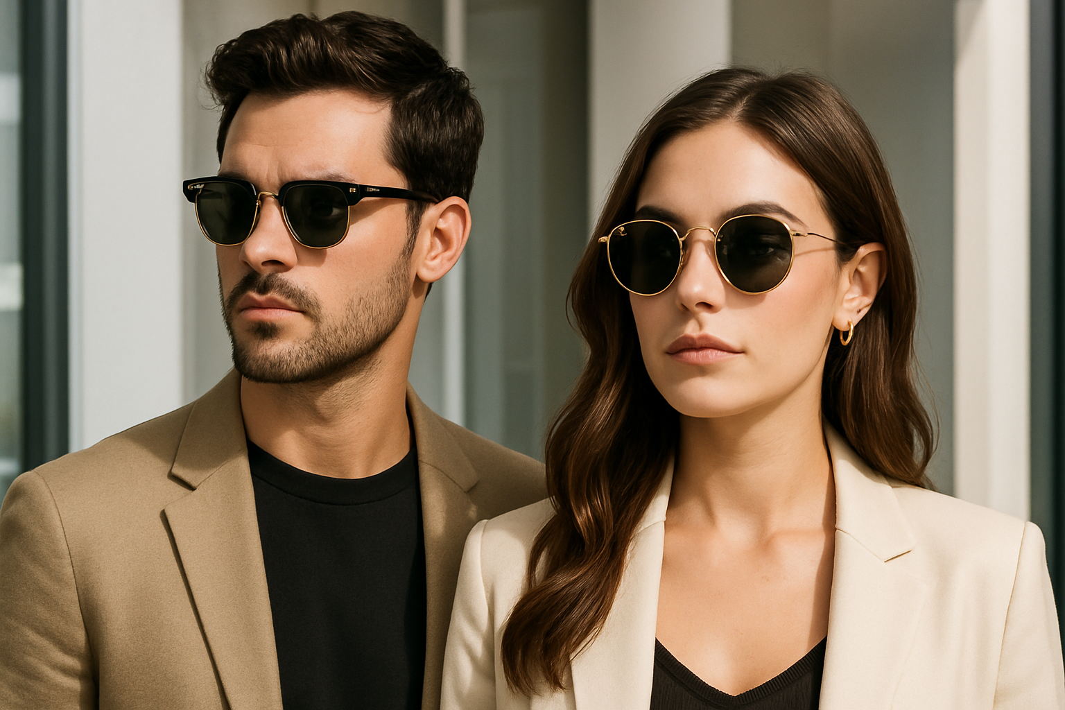 genera una imagen de un hombre y una mujer usando modelos rayban